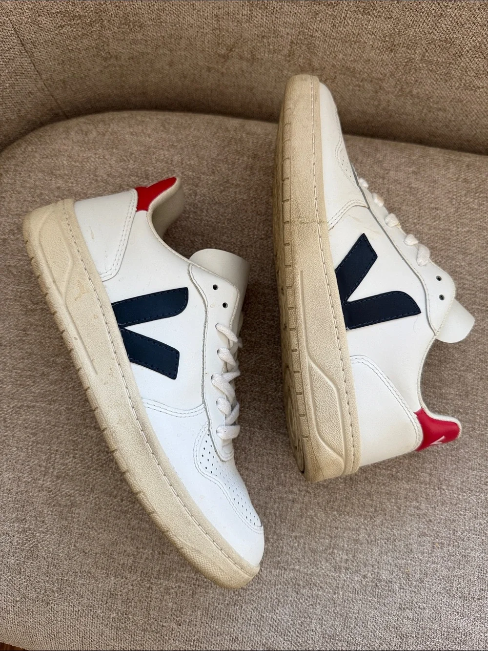 Veja White Leather Sneakers with Navy V and Red Heel Accent
